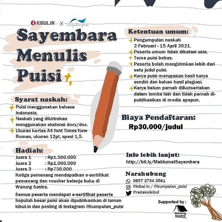 Waaah ngga kerasa yaaa, tiba-tiba udah h-15 penutupan aja nihh.
Buat yang belum daftar yukkk segera daftarkan dirimu. Yang masih bertapa, temukan ide terbaikmu yaaa. Yang masih ragu? Boleh atuh tanya-tanya dulu sama mimin, lewat dm atau narahubung tertera.