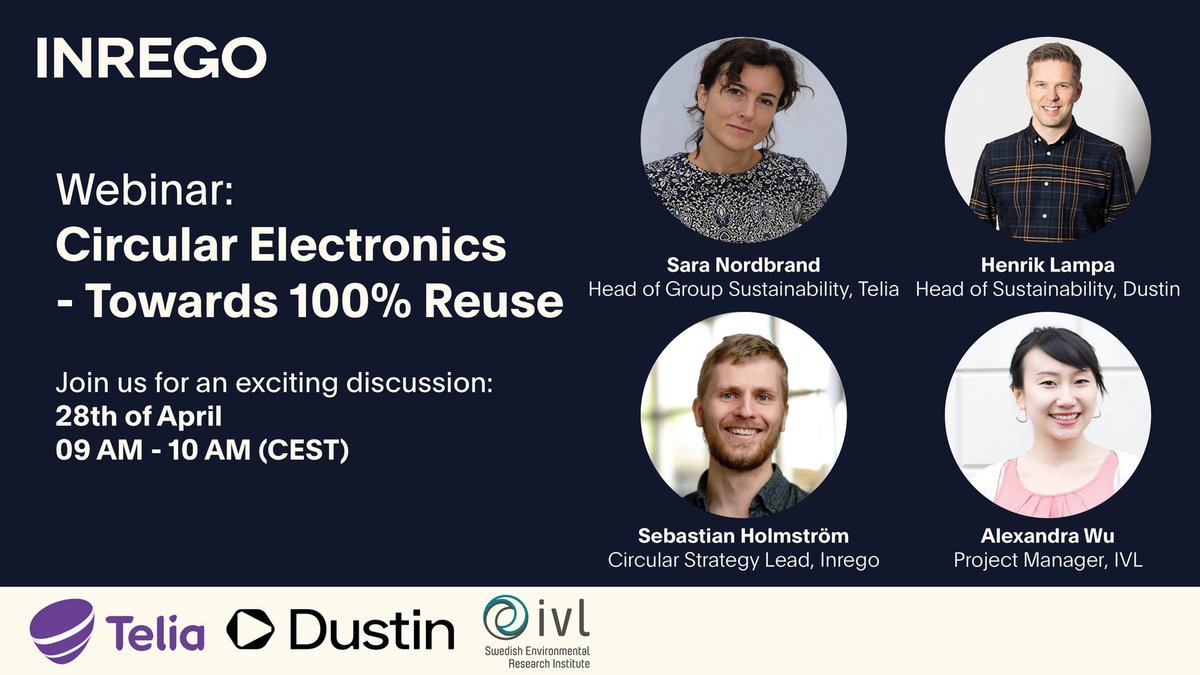 Join our Webinar! On April 28th, we'll discuss the transition towards a circular electronics industry by 2030. Sign up: https://t.co/t9jE2gZHFd #sustainability #circulareconomy #climatechange #webinar @IVLSvenskaMiljo @DustinGroup @SebHolmstrom https://t.co/fqpfnb2S15