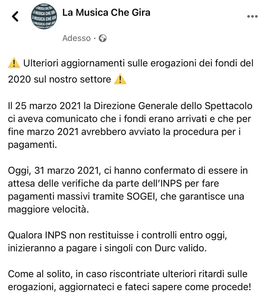 La musica che gira (@lamusicachegira) on Twitter photo ⚠️ Ulteriori aggiornamenti sulle erogazioni dei fondi del 2020 sul nostro settore ⚠️
<a href="/MiC_Italia/">Ministero della Cultura</a> <a href="/dariofrance/">Dario Franceschini</a> <a href="/MEF_GOV/">MEF</a> ⚠️ Ulteriori aggiornamenti sulle erogazioni dei fondi del 2020 sul nostro settore ⚠️
<a href="/MiC_Italia/">Ministero della Cultura</a> <a href="/dariofrance/">Dario Franceschini</a> <a href="/MEF_GOV/">MEF</a>