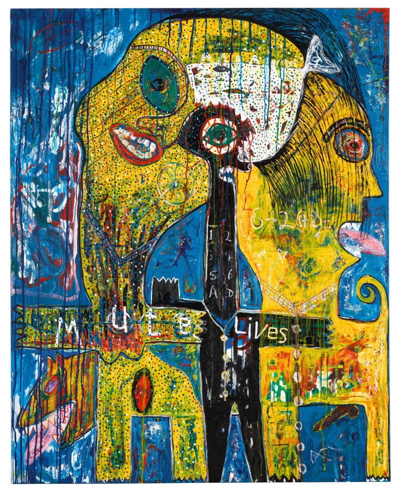 Sothebys's tweet photo. #AuctionUpdate Auction record set for Cameroonian artist Adjani Okpu-Egbe whose vibrant 'Mute Lives' sold for £13,860.💥

#SothebysCTPafrican @hannah_o_really https://t.co/vdeCX76tff