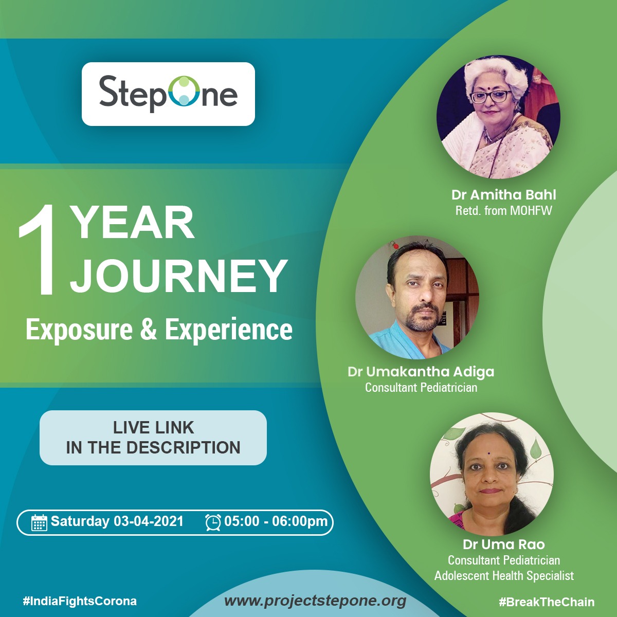 Projectstepone's tweet photo. Project StepOne Completes 1 year!!

Join us, as we look back at the journey &amp; hear from our Doctors who've been with us from the start about their experience, challenges &amp; more.

3rd Apr'21, Sat, 5 PM - 6 PM

LIVE on FB: https://t.co/2dRUZdV0UK
LIVE on YT: https://t.co/MnecglMtPU https://t.co/qppmjBe5bP