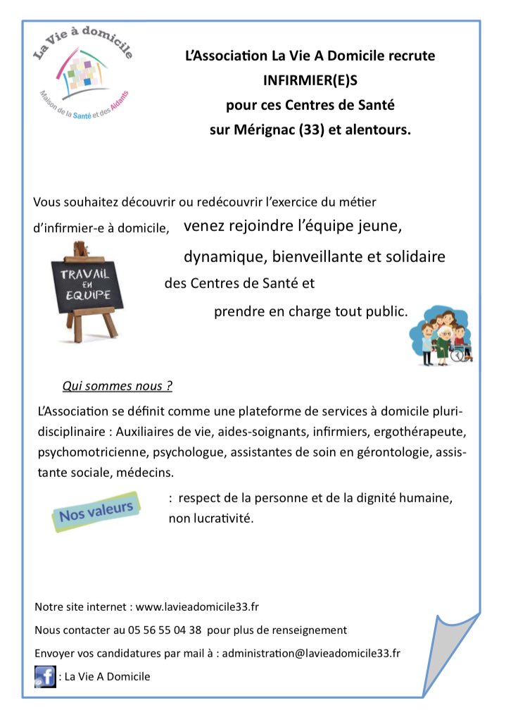 ⁦<a href="/viesantemerigna/">La Vie à Domicile 33 Maison santé et aidants</a>⁩ recrute des infirmier-es merci 🙏 de retweeter au maximum