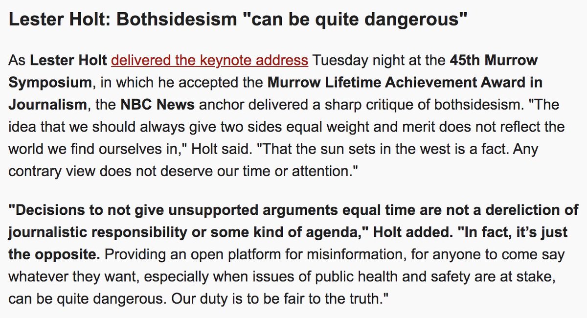Jay Rosen (@jayrosen_nyu) on Twitter photo When the chief anchor of one of the major networks agrees that bothsidesing everything is bad practice, critics have finally won a point and they should celebrate. This is from <a href="/brianstelter/">Brian Stelter</a>'s newsletter. When the chief anchor of one of the major networks agrees that bothsidesing everything is bad practice, critics have finally won a point and they should celebrate. This is from <a href="/brianstelter/">Brian Stelter</a>'s newsletter.