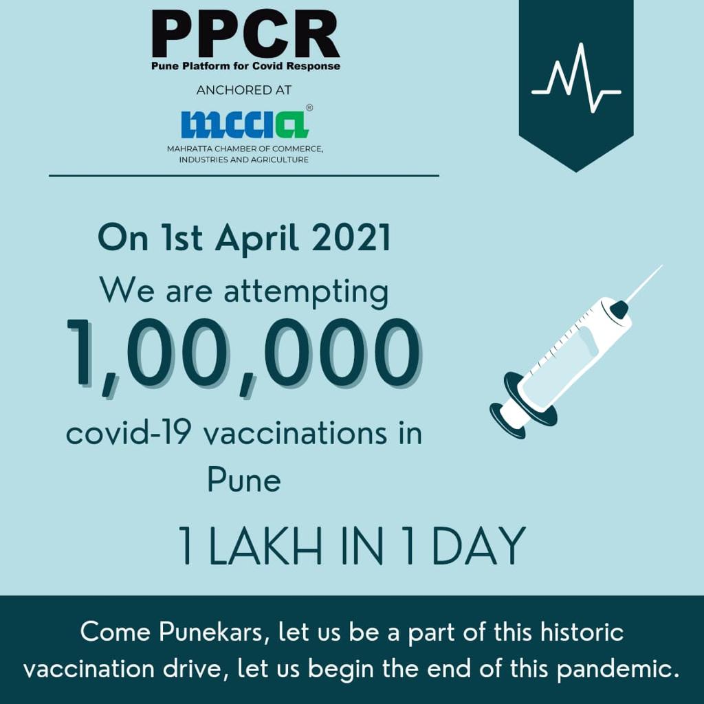 MCCIA_Pune's tweet photo. On 1st April 2021, we are attempting 1,00,000 Covid-19 vaccinations in #Pune!

It's possible...let's do it!
45+ eligible from tomorrow.

@sudhirmehtapune @ppcr_pune @vikramsathaye @Girbane @IAS_Rubal @aparanjape @SidShirole
@docbhooshan @mohol_murlidhar https://t.co/Mv2WzsQzhB