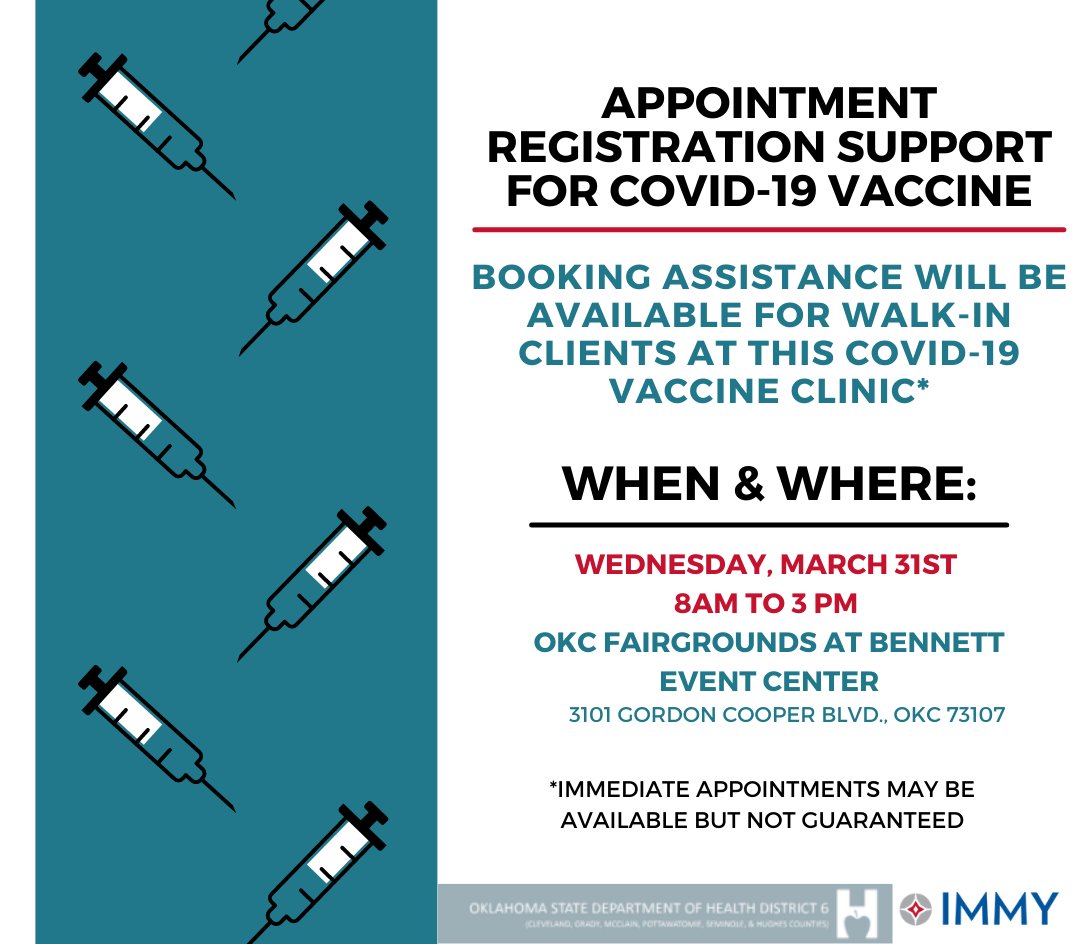 TODAY: Unable to register online for a COVID-19 vaccine appointment? Walk-up assistance with on-site translators  for booking same day appointments is available at the OKC Fairground's Bennett Event Center from 8-3! Learn more: portal.immylabs.com/vaccine