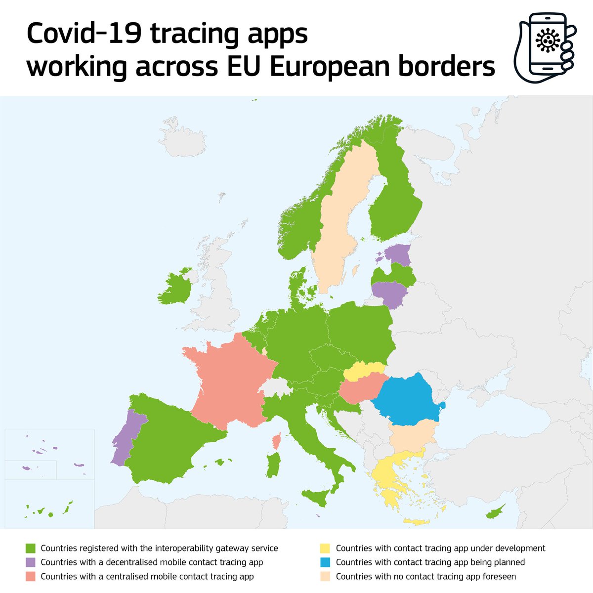 UEFrance's tweet image. 📱 16 pays européens ont désormais rendu leurs applications #AntiCovid interopérables, permettant à leurs utilisateurs d'être avertis d'une éventuelle exposition au coronavirus lors de déplacements dans ces pays ⚠️

#StrongerTogether