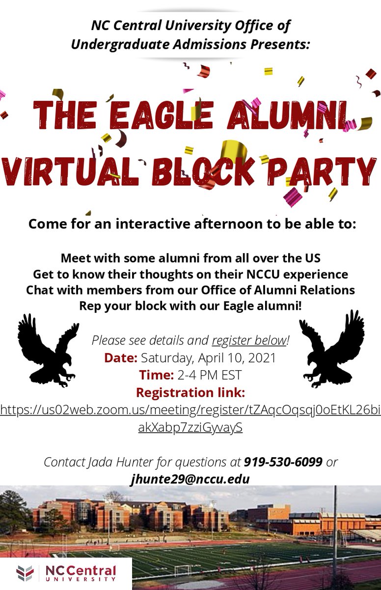 KelseyNccu's tweet photo. Come out to the NCCU Eagle Alumni Virtual Block Party. Link is on the flyer! For any questions, contact Jada Hunter at jhunte29@nccu.edu https://t.co/i7q3EuKfjj