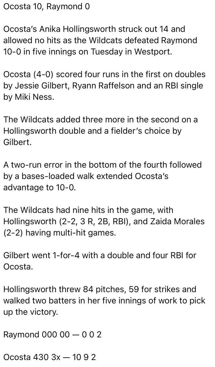 OcostaSoftball's tweet photo. Yesterday’s game vs. Raymond 

Ocosta 10 Raymond 0 https://t.co/GRJpwEnA2W