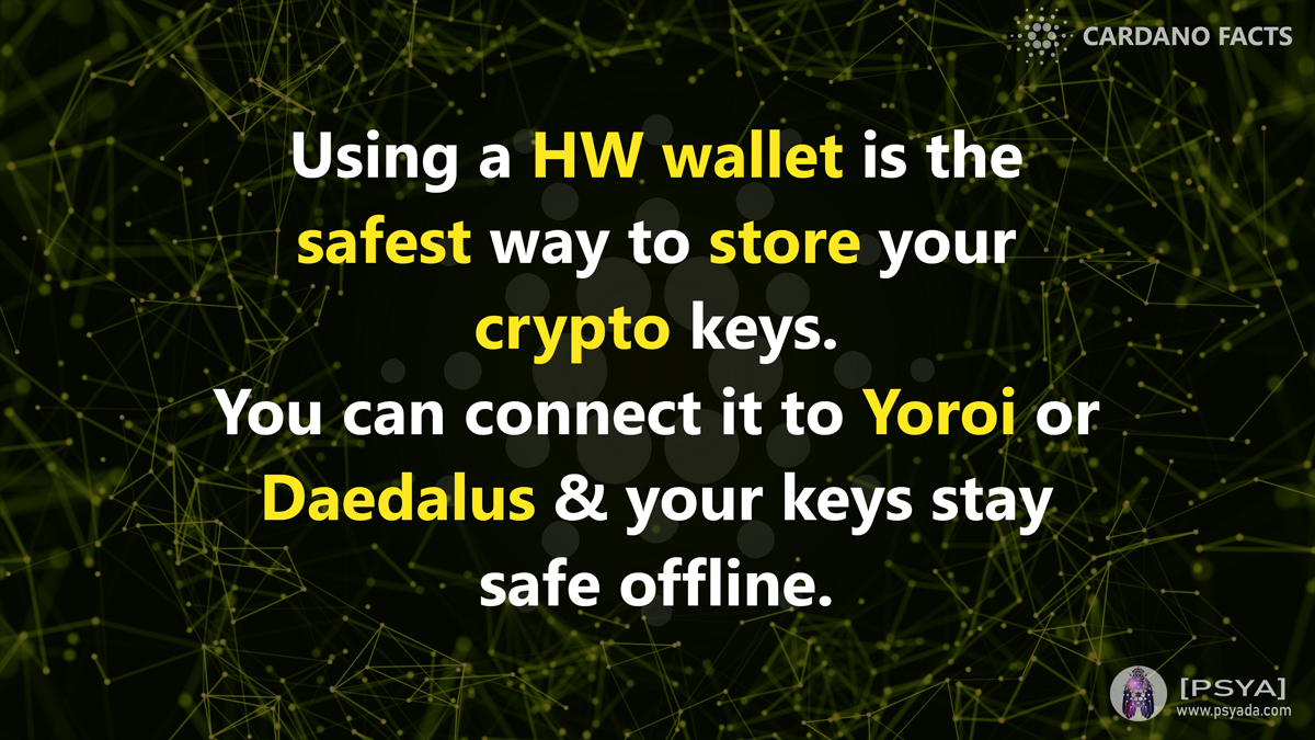 CardanoFacts's tweet photo. Using a HW wallet is the safest way to store your #crypto keys.
You can connect it to #Yoroi or #Daedalus &amp; your keys stay safe offline.
Keep your #ADA #Cardano safe and #stake from a HW wallet. https://t.co/K95TO4fcjY