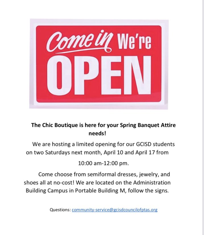 The Chic Boutique is here for your Spring Banquet Attire needs!

Questions: community-service@gcisdcouncilofptas.org