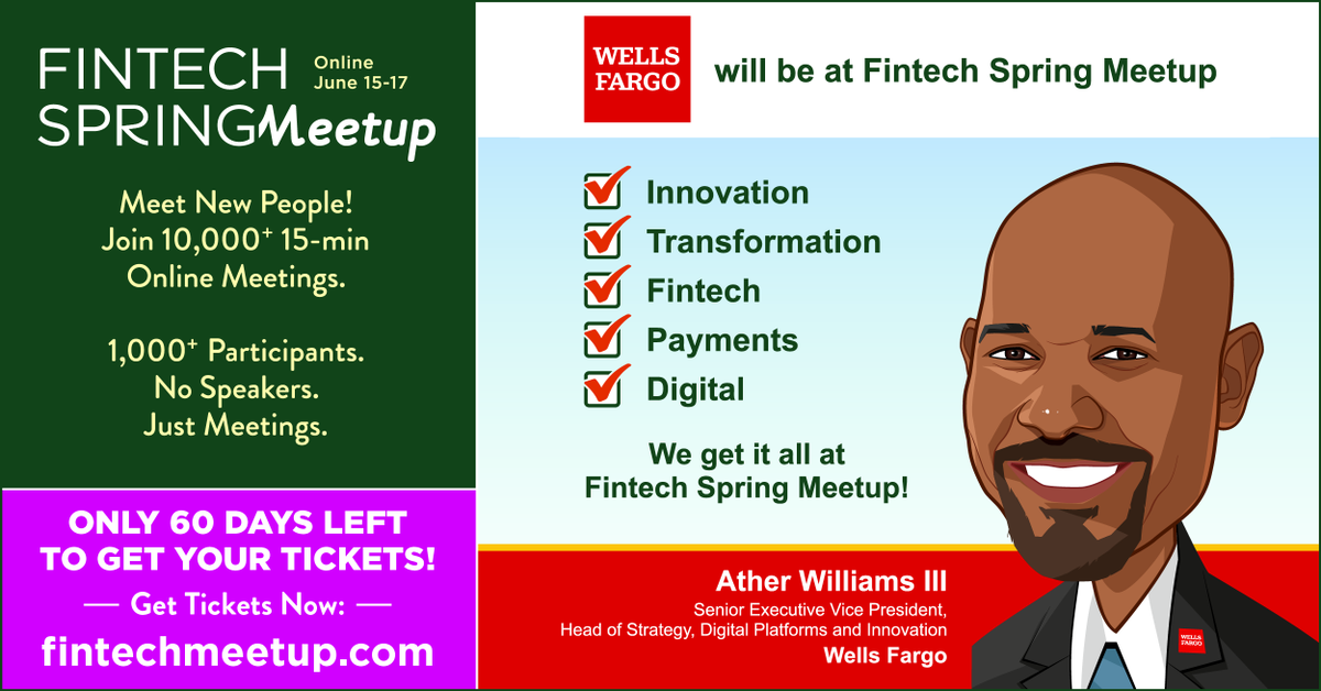 anildaggarwal's tweet photo. Thrilled to have Ather Williams III, Senior EVP, Head of Strategy, Digital Platforms &amp; Innovation @WellsFargo joining us @FintechMeetup. To meet him and his team June 15-17, get your ticket at https://t.co/TanY2WbNN1 https://t.co/g0rpQj0hJu