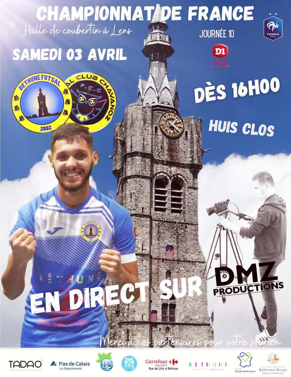 BethuneFutsal's tweet photo. ⚽️ Le match à rejouer face à @FutsalChavanoz aura lieu ce samedi à 16h à la halle Coubertin de Lens. Vous pourrez le suivre en direct grâce aux caméras de @DMZ_PRODUCTIONS 

#D1Futsal 
#ForzaBéthune 🔵🟡🐺 https://t.co/aKO7KRspLG