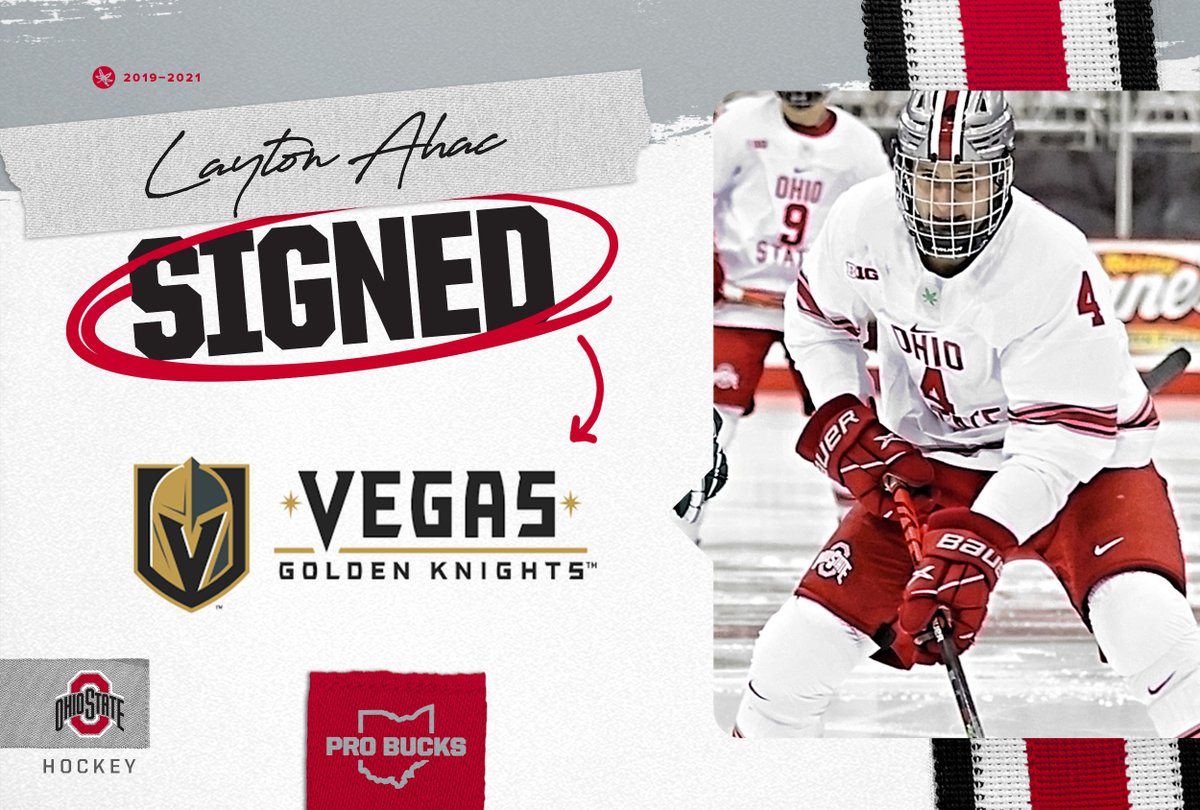 OhioStateMHKY's tweet photo. 🖋️ Congrats to Layton Ahac who has signed a three-year, entry-level contract with the @GoldenKnights! 

The defenseman also signed an AHL contract with @hsknights for the remainder of this season.  

📰 https://t.co/TqQSv2eMLy 

#GoBuckeyes #ProBuckeyes #VegasBorn @Ahac14 https://t.co/K5yq0fyilN