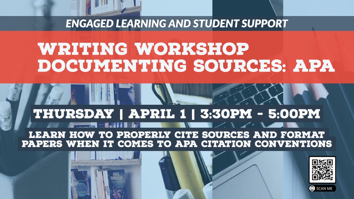 Join us tomorrow, Apr. 1st, at 3:30 pm for a FREE virtual Writing Workshop Documenting Sources: APA at 🔗us02web.zoom.us/j/88062674382?…