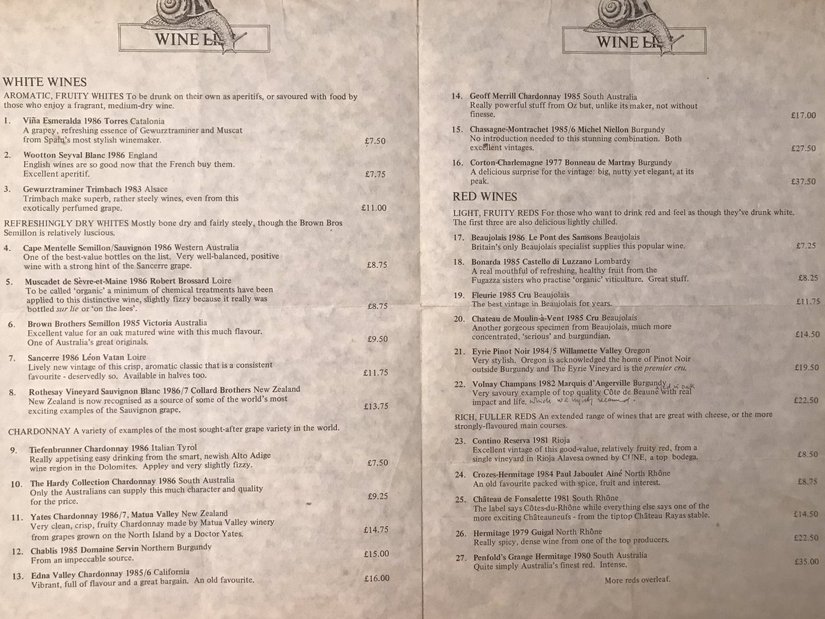 GvinoGuru's tweet photo. @JancisRobinson I pledged my support and was one of many who funded Nick’s book. I also have in my collection a much treasured copy of L’Escargot’s wine list of years gone by which listed wines by grape and style rather than by geography... a pioneering act https://t.co/SSm835IbGF