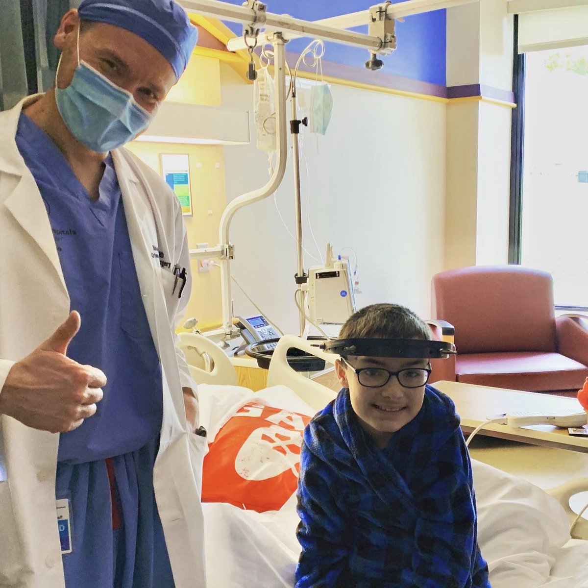 Gunner came to Shriners Chicago for halo gravity traction to treat a severe spine curve. The 12 year old was thrilled to get a new Nintendo Switch game just hours after surgery. #DePaul student Jason Malonga donated Switches with proceeds from Game Stop stock. #halotraction