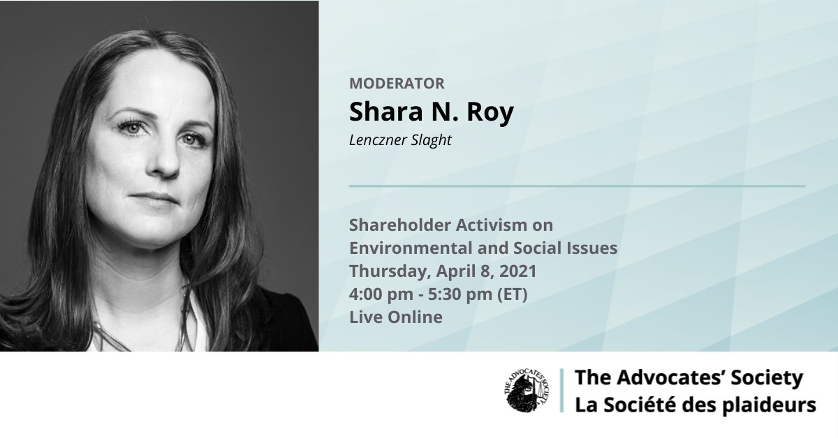 Advocates_Soc's tweet photo. Join @SharaRoy of @LencznerSlaght &amp; the Securities Litigation Practice Group on April 8 for a fascinating panel on shareholder activism &amp; environmental, social &amp; governance issues. Continue the discussion with colleagues in breakout sessions post-panel. https://t.co/ZG0ff1QHxn https://t.co/qYsZp3UqWK