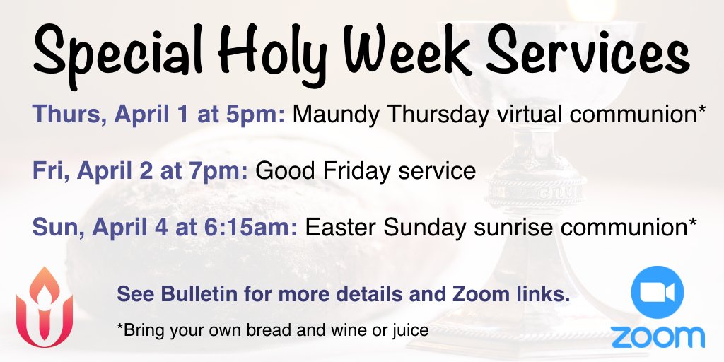 uuclvpa's tweet photo. See the Bulletin for information and Zoom links for special holy week services on Thursday, Friday, and Sunday.
#uuclvpa #uu #uuchurch #holyweek https://t.co/4yItdcIXya