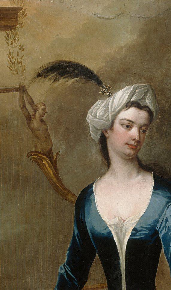 Here he is, inserted as a carved figure on the instrument in the portrait (which is called a clavicytherium), and gazing at the Marchioness. When compared to this portrait of the artist in  @NPGLondon we can be fairly sure it& #39;s Jervas!  https://www.npg.org.uk/collectio...
