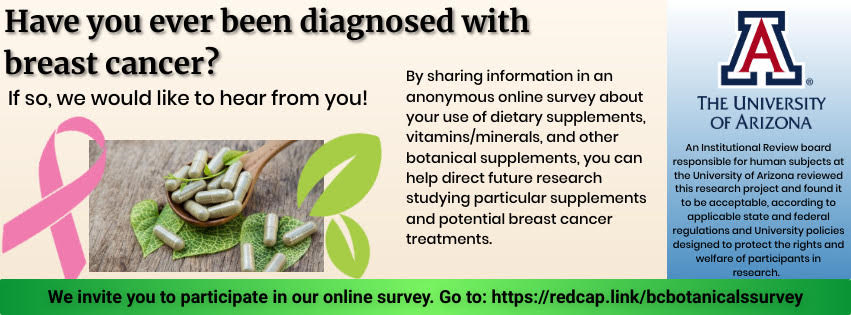 UAZHealth's tweet photo. Want to help with breast cancer research?

Participate in an anonymous 10-minute survey with @UAZCancer @UAZMedTucson about your use/ non-use of botanicals or dietary supplements (vitamins &amp; minerals) in the self-management of a breast cancer diagnosis: https://t.co/oDF4cqK2N6 https://t.co/O6oaJPq24F