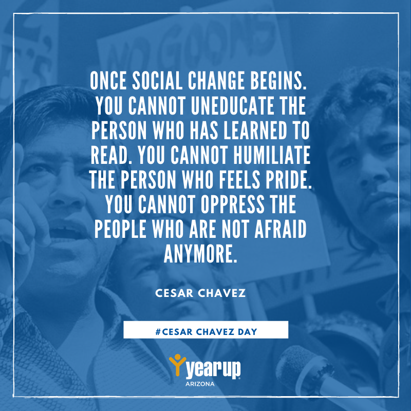 YearUpAZ's tweet photo. For those of us who grew up with our families working the agricultural fields let us remember and celebrate César Chávez Day for the work he did alongside Dolores Huerta and many other civil rights leaders for equality in labor rights. 

¡Si Se Puede!

#CesarChavezDay https://t.co/vy4SkiGJUi