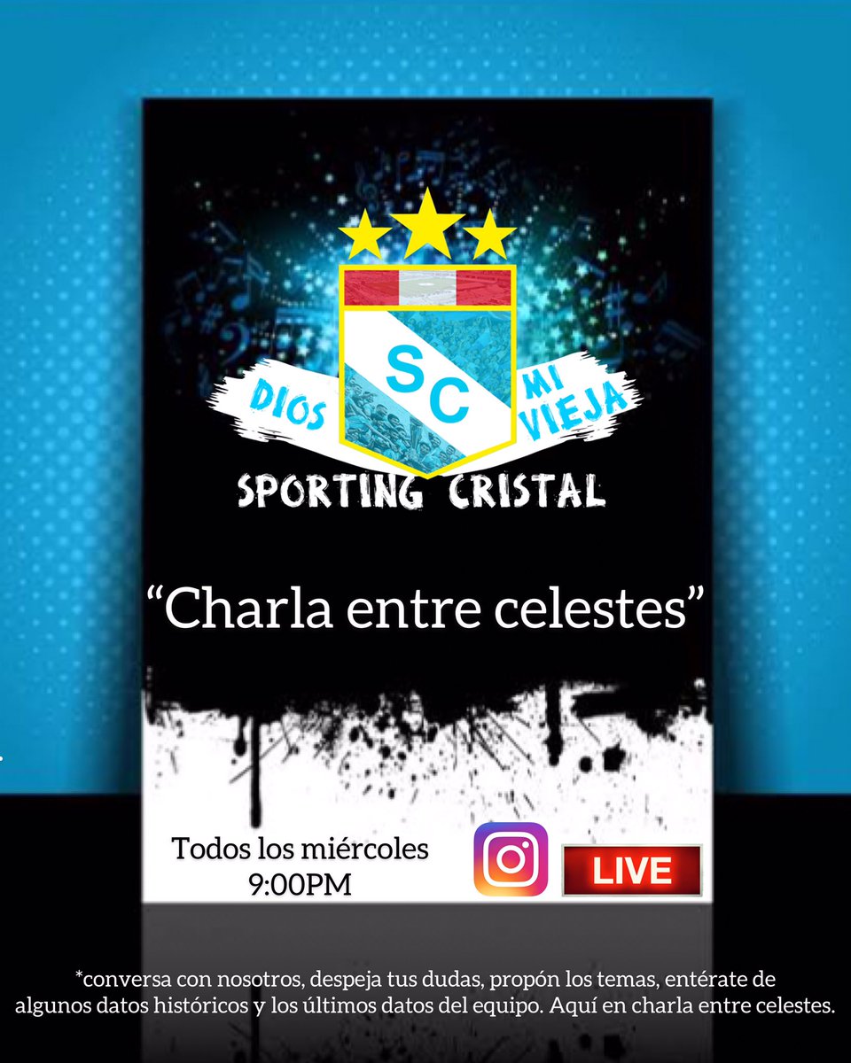 cernarodrigo14's tweet photo. Hoy no se pierdan Charla entre Celestes, a las 9:00pm, a través de Instagram Live de @DiosMiViejaSC. Hablaremos de todo un poco de nuestro querido Sporting Cristal.

Junto a @Denilson_Jarde. No se lo pierdan💙⚽️🎙 https://t.co/iQxhhkWULM