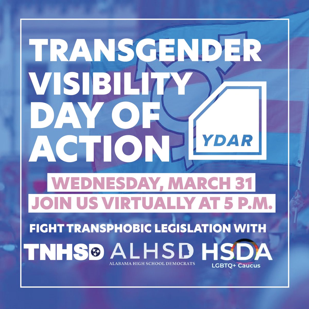 YDArkansas's tweet photo. 🚨 TODAY, fight transphobic legislation at our Transgender Visibility Day of Action event with @ALHSDems and @TNYoungDems ✔️ Get the Zoom link and register for convention while you’re at it ⬇️
https://t.co/3zTmJEgfQL https://t.co/8J0RBEeO64