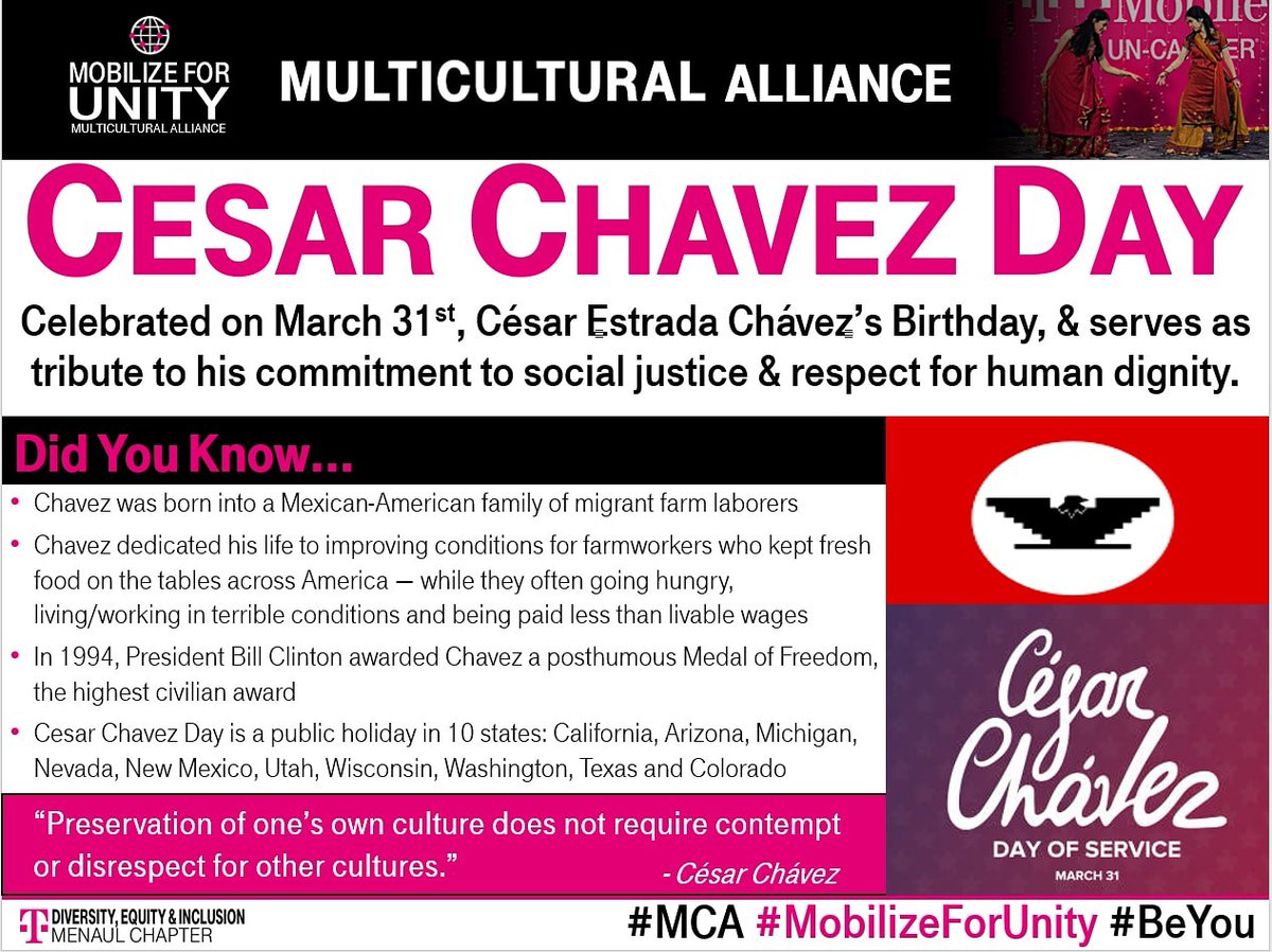 team505menaul's tweet image. Happy César Chávez Day! Today we honor and celebrate this iconic civil rights activist and leader. #CesarChavezDay

#MCA #MobilizeForUnity #BeYou #SomosMagenta