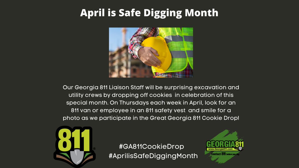 GA811's tweet photo. We are celebrating "April is Safe Digging Month" by hitting the road and dropping off cookies to hardworking crews. If you want us to consider your crew for a THURSDAY delivery, comment below or message us at media@Georgia811.com #GA811CookieDrop
#AprilisSafeDiggingMonth https://t.co/EKqPJvBUJQ