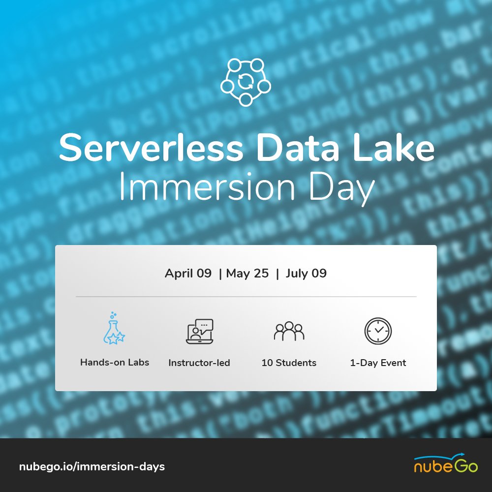 AWS Serverless Data Lake Immersion Day by nubeGo. Book your session for up to 10 learners and unlock your AWS potential with nubeGo experts: nubego.io/immersion-days

#aws #containers #migration #security #serverless #serverlessdatalake #databasemigration #immersiondays