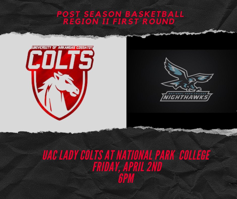 Your UA Cossatot Lady Colts will travel to National Park College on Friday, April 2nd to take on the Lady Nighthawks in the First round of the Region II tournament. Tickets can be purchased by visiting: np.edu/student-servic…