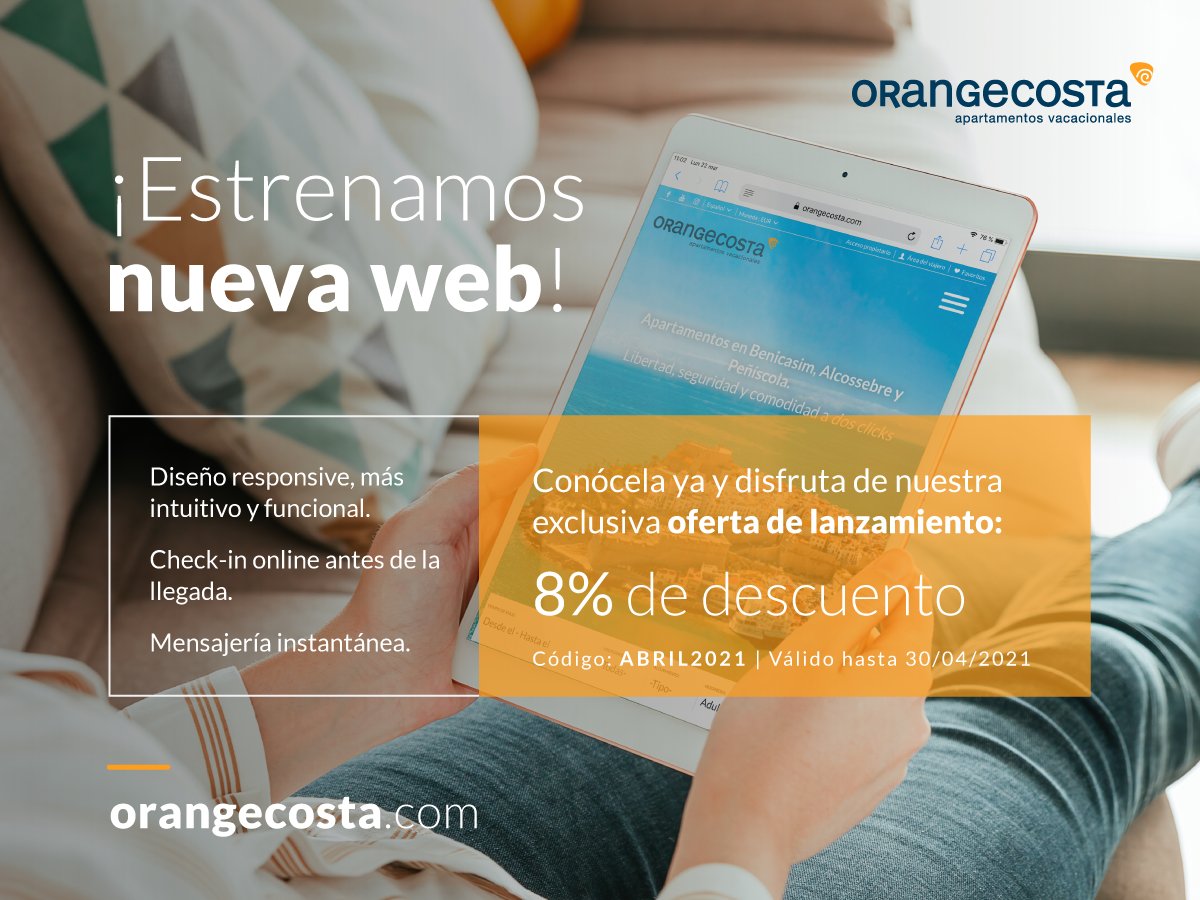 OrangeCosta's tweet photo. ¡Os presentamos nuestra nueva web! 🎉 Una herramienta totalmente renovada y muy fácil de usar. Y para celebrarlo, ¡8% de descuento en todos nuestros apartamentos! Código: ABRIL2021 ¡No te lo pierdas! ➡ https://t.co/GlgMFpcRBt https://t.co/DTwHCqbuGS