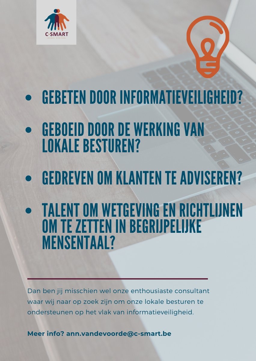 csmart_be's tweet image. GEZOCHT!
Nieuwe C-smart collega die ons informatieveiligheidsteam komt versterken voor lokale besturen in centrum Vlaanderen. 
Voor meer informatie of om meteen te solliciteren kan je terecht op : ow.ly/dSwt50Eds9G