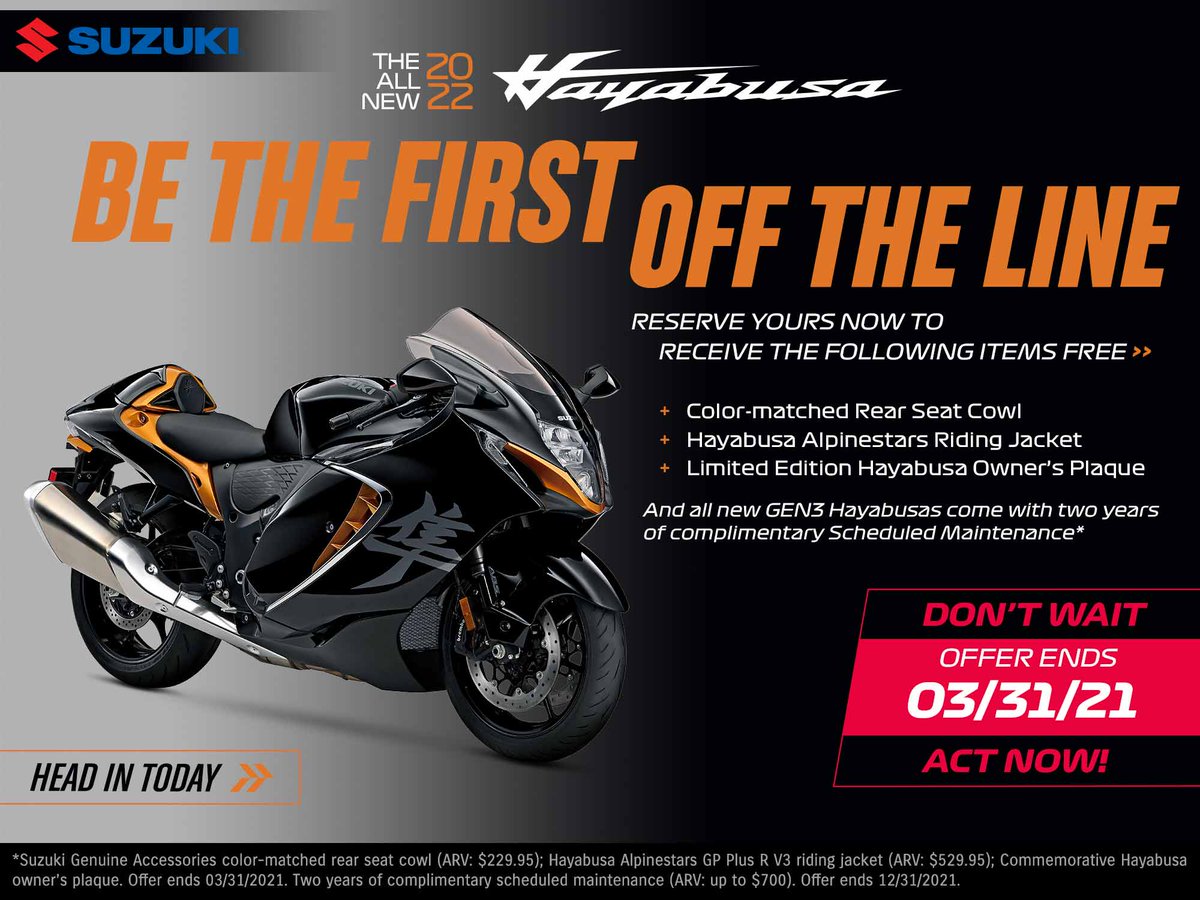 CycleCountry's tweet photo. Today is the last day to place your pre-order for an all new 2022 Hayabusa. With demand far outpacing supply, it's unlikely you'll be able to buy one of these trick new bikes unless you special order one. Don't dawdle!

https://t.co/llZlguQa9S

#Hayabusa #WoodsCycleCountry https://t.co/8BuJ1Jq4Ti