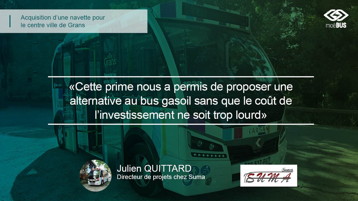 VertigoEnergy's tweet photo. "Cette prime nous a permis de proposer une alternative au bus gasoil sans que le coût de l'investissement ne soit trop lourd" Julien QUITTARD, SUMA - Ville de Grans #PrimeCEE #Moebus #buselectrique #mobilité #FranceMobilités #Grans @TransportsSuma https://t.co/yClyeZayqf