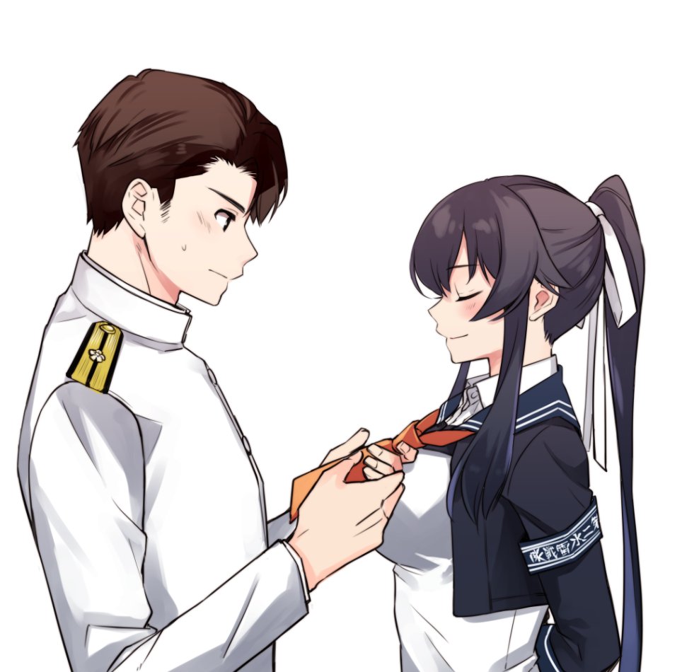 yahagi (kancolle) 1girl 1boy long hair black hair military uniform sailor collar white background  illustration images