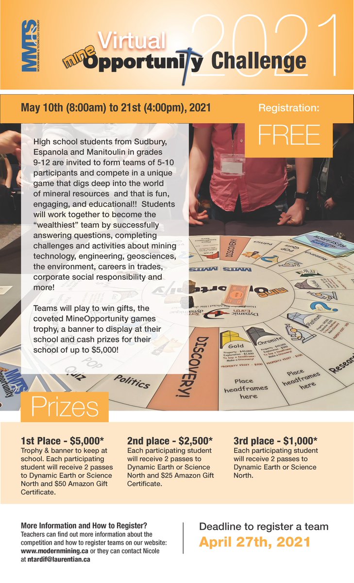 MMTS's MineOpportunity is back with a Virtual Twist!
May 10-21, 2021 High school students from Sudbury, Espanola and Manitoulin in grades 9-12 are invited to form teams of 5-10 participants and compete in a unique mining game.

Teacher's Register: modernmining.ca/events/virtual…