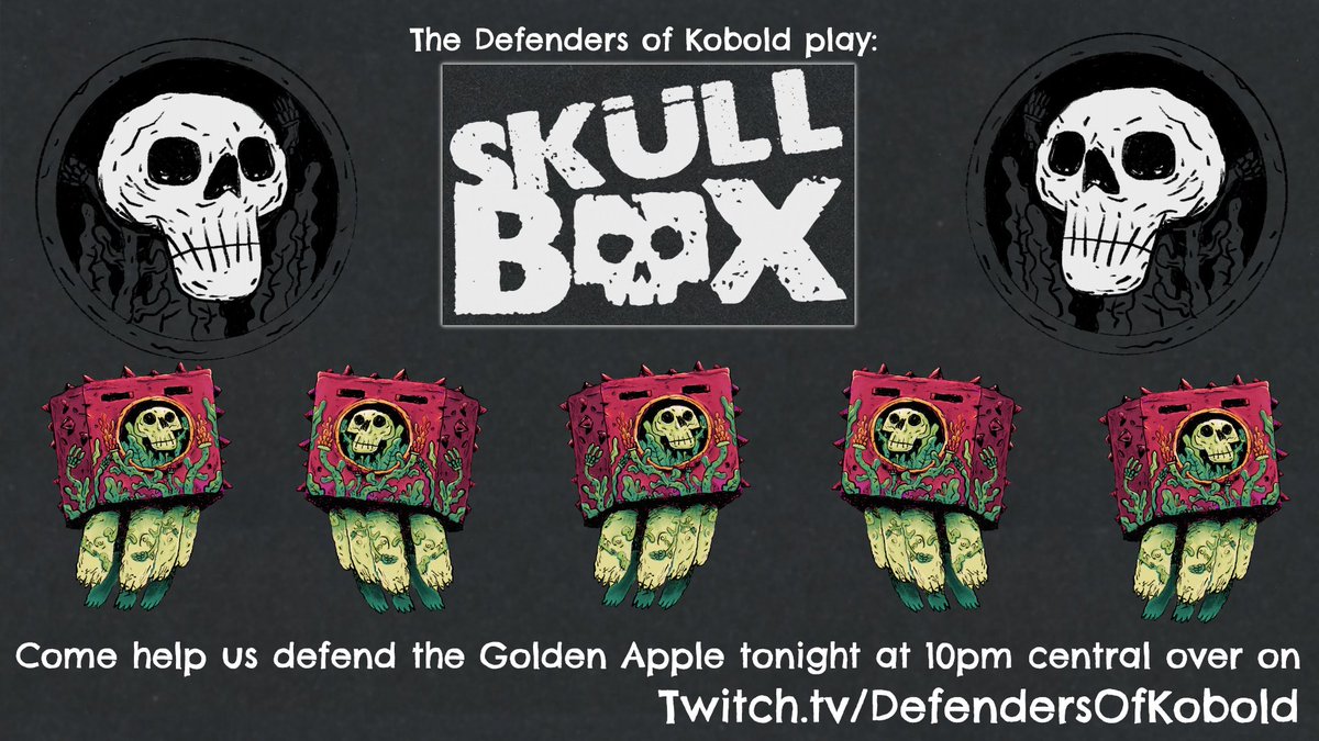 KoboldDefenders's tweet photo. Oh shit! Tonight we're playing some #SkullBox by @ShardstoneArts at 10pm central over on https://t.co/nvt7gQVbb1. Come help us save the golden apple! @lollygaggerco @TwerkingOnDaddy @3DVee @parnelld https://t.co/xcrPyfA1S1