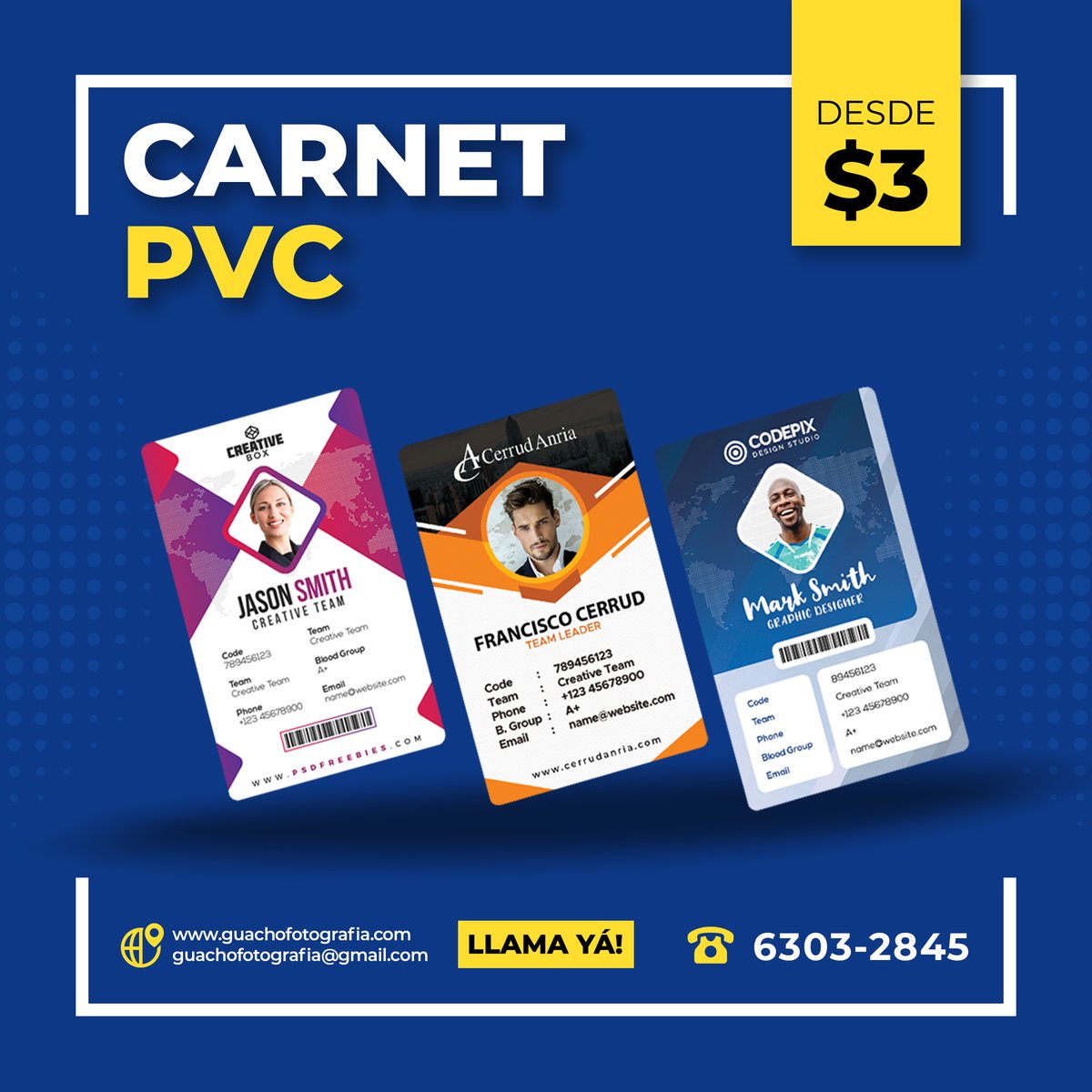 GuachoPerez's tweet photo. Impreso en PVC, variedad de diseños. Incluye toma de fotos con cámara profesional en nuestro estudio, y porta carnet de plástico, Opción desde 1 en adelante.
*$3 aplica para impresiones mayores a 10, precio regular $5. 

Mas detalles:  6303-2845 https://t.co/GJ0eoBzci0