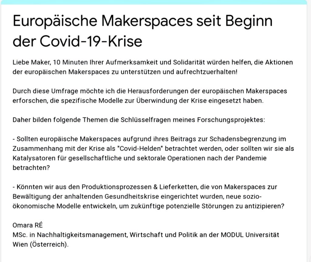 Omara (@label_or) on Twitter photo 🇦🇹🇩🇪 Makers, Ihr Beitrag wird benötigt !
📝 💻 <a href="/ma__vo/">Maximilian Voigt 🤖</a> <a href="/MakerSpaceBonn/">makerspacebonn</a>
<a href="/okfde/">Open Knowledge Foundation Deutschland</a> @verbundow @fablabcb <a href="/FabLabSiegen/">Fab Lab Siegen</a> @saschadickel
<a href="/EUKommWien/">EU-Kommission Wien</a> <a href="/MakervsvirusO/">maker vs. virus</a> <a href="/RTReparatur/">Runder Tisch Reparatur</a> <a href="/htks_de/">Hammertime Kassel (dauerhaft geschlossen)</a> <a href="/makerhealthco/">MakerHealth</a> <a href="/EsslingenMaker/">Makerspace Esslingen e.V.</a> <a href="/FablabLuebeck/">FabLab Lübeck</a> <a href="/WirVsVirus/">WirVsVirus</a> @VechtaVsCorona
▶️docs.google.com/forms/d/e/1FAI… 🇦🇹🇩🇪 Makers, Ihr Beitrag wird benötigt !
📝 💻 <a href="/ma__vo/">Maximilian Voigt 🤖</a> <a href="/MakerSpaceBonn/">makerspacebonn</a>
<a href="/okfde/">Open Knowledge Foundation Deutschland</a> @verbundow @fablabcb <a href="/FabLabSiegen/">Fab Lab Siegen</a> @saschadickel
<a href="/EUKommWien/">EU-Kommission Wien</a> <a href="/MakervsvirusO/">maker vs. virus</a> <a href="/RTReparatur/">Runder Tisch Reparatur</a> <a href="/htks_de/">Hammertime Kassel (dauerhaft geschlossen)</a> <a href="/makerhealthco/">MakerHealth</a> <a href="/EsslingenMaker/">Makerspace Esslingen e.V.</a> <a href="/FablabLuebeck/">FabLab Lübeck</a> <a href="/WirVsVirus/">WirVsVirus</a> @VechtaVsCorona
▶️docs.google.com/forms/d/e/1FAI…