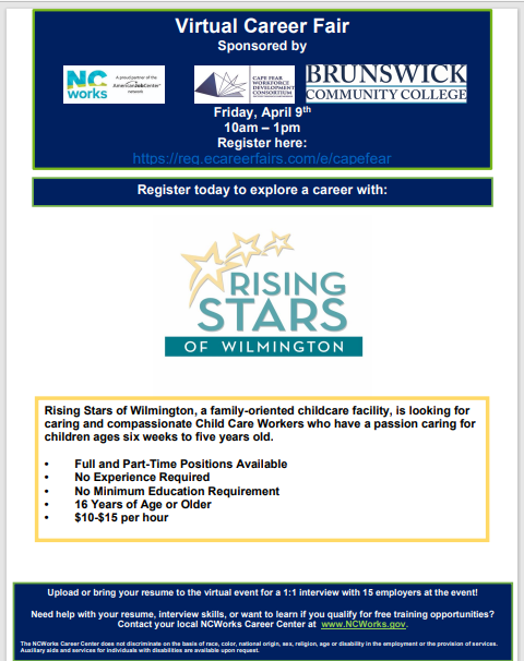 nhcareercenter's tweet photo. Rising Stars of Wilmington is hiring!
Are interested in Rising Stars of Wilmington?
Please click on the link below to register:
https://t.co/S2oJGpQfEg
#NCWorks
#AprilVirtualCareerFair
#RisingStarsofWilmington
#Jobseekers
#Employers
#NewHanoverCounty
#CapeFearRegion https://t.co/0qC0i0Z2RT