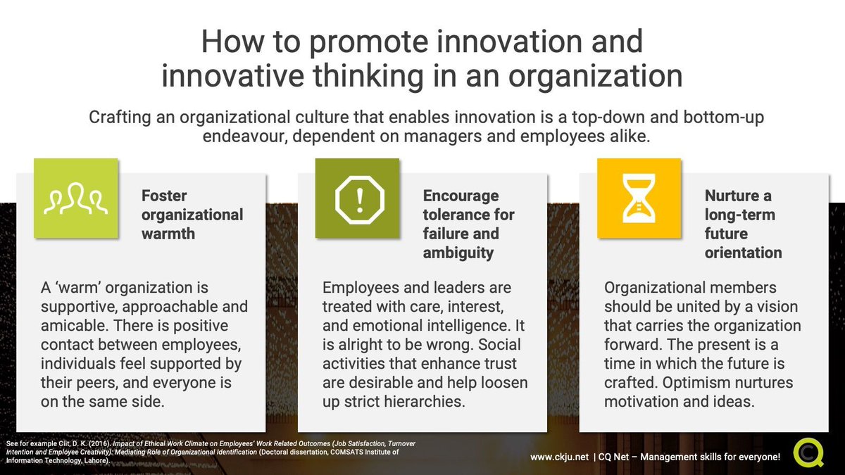 CQ_Net's tweet image. Many say innovation is not a top-down strategy that can be implemented. So, how can an organization come to promote innovation and foster innovative thinking as a whole? Three words: warmth, failure, and future. Find out exactly how to proceed here: buff.ly/35Ca2NH