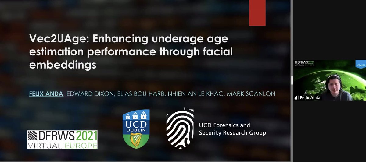 ForSecResearch's tweet photo. Felix Anda @_4nd4 is now presenting his work on underage facial age estimation at @DFRWS EU 2021. Link to the paper: https://t.co/xE9JtkbZbC https://t.co/KnvPYMtgN4
