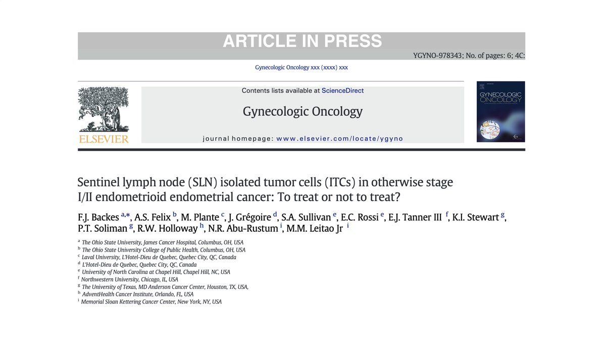 MSKCC Team Uterus (@teamendo_msk) on Twitter photo 📑This collaborative study featuring <a href="/leitaomd/">Mario M. Leitao, Jr</a> & <a href="/aburustummd/">Nadeem R. Abu-Rustum</a> assessed 175 pts with Stage I/II Endometrioid #EndometrialCancer & the presence of isolated tumor cells in SLN. Data suggests adjuvant therapy may not reduce the risk or location of recurrence.
#gyncsm #gynoncology 📑This collaborative study featuring <a href="/leitaomd/">Mario M. Leitao, Jr</a> & <a href="/aburustummd/">Nadeem R. Abu-Rustum</a> assessed 175 pts with Stage I/II Endometrioid #EndometrialCancer & the presence of isolated tumor cells in SLN. Data suggests adjuvant therapy may not reduce the risk or location of recurrence.
#gyncsm #gynoncology
