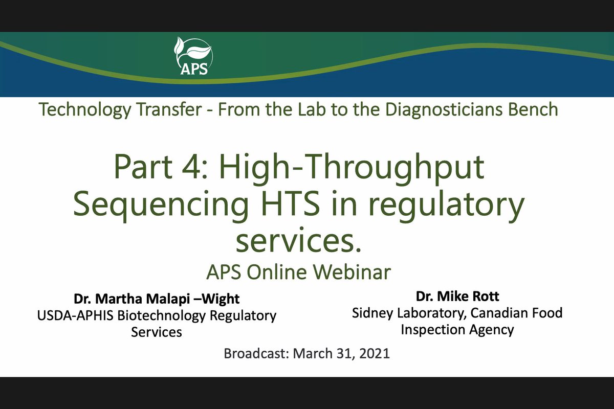 GuillaumeBilod2's tweet image. Just starting the webinar APS @plantdisease  in HTS sequencing in Regulatory research. Looking forward presentation of my colleague Mike Rott @InspectionCan, #HTS #regulatoryresearch #PlantPathology
