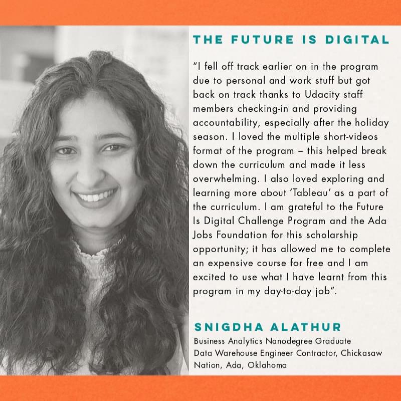 We have another Nanodegree recipient to celebrate! Please join us in congratulating Snigdha Alathur for successfully completing the Business Analytics Nanodegree as part of The Future is Digital Challenge. #growada #futureisdigital <a href="/Ruralinno/">Center on Rural Innovation</a> <a href="/udacity/">Udacity</a>