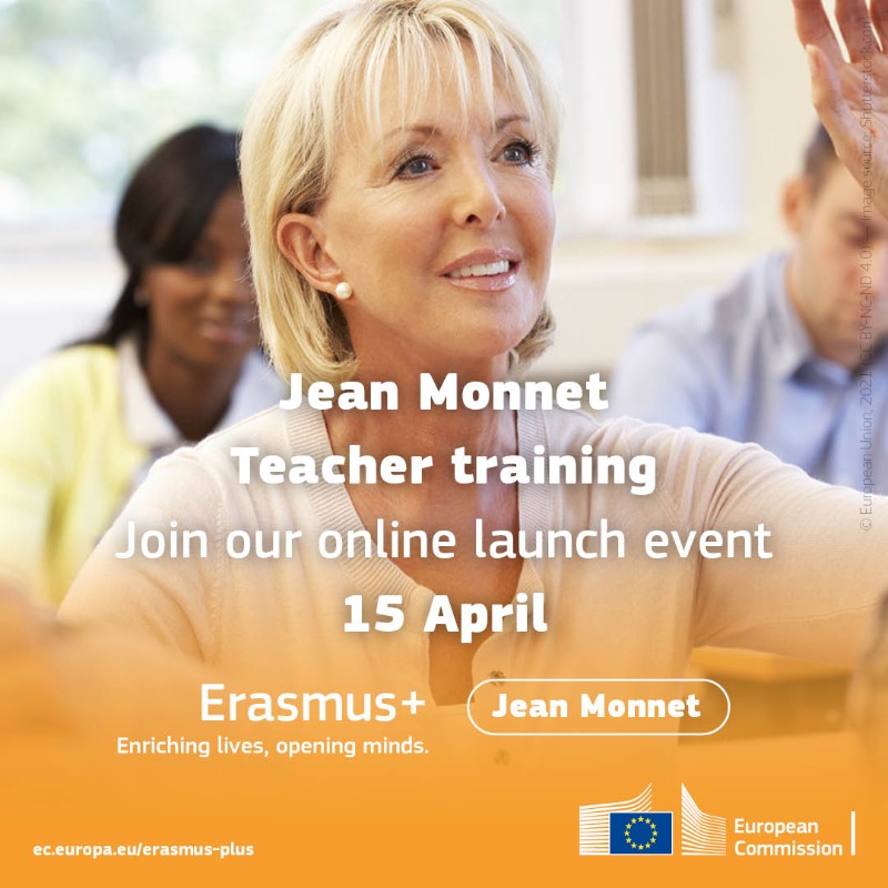 EUErasmusPlus's tweet photo. Interested to develop teachers’ skills in teaching EU matters?

Join us on 15th April for our online launch event for the new #ErasmusPlus #JeanMonnet Action for schools, supporting the continuous development of teachers!