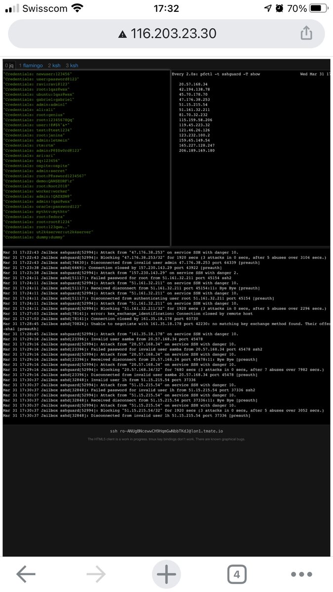 stoege's tweet photo. Running a Public Honeypot and watching all the failed ssh logins live :) #ssh #openbsd #sshguard #tmate #fun http://116.203.23.30/ https://t.co/BZmGHR1dFC