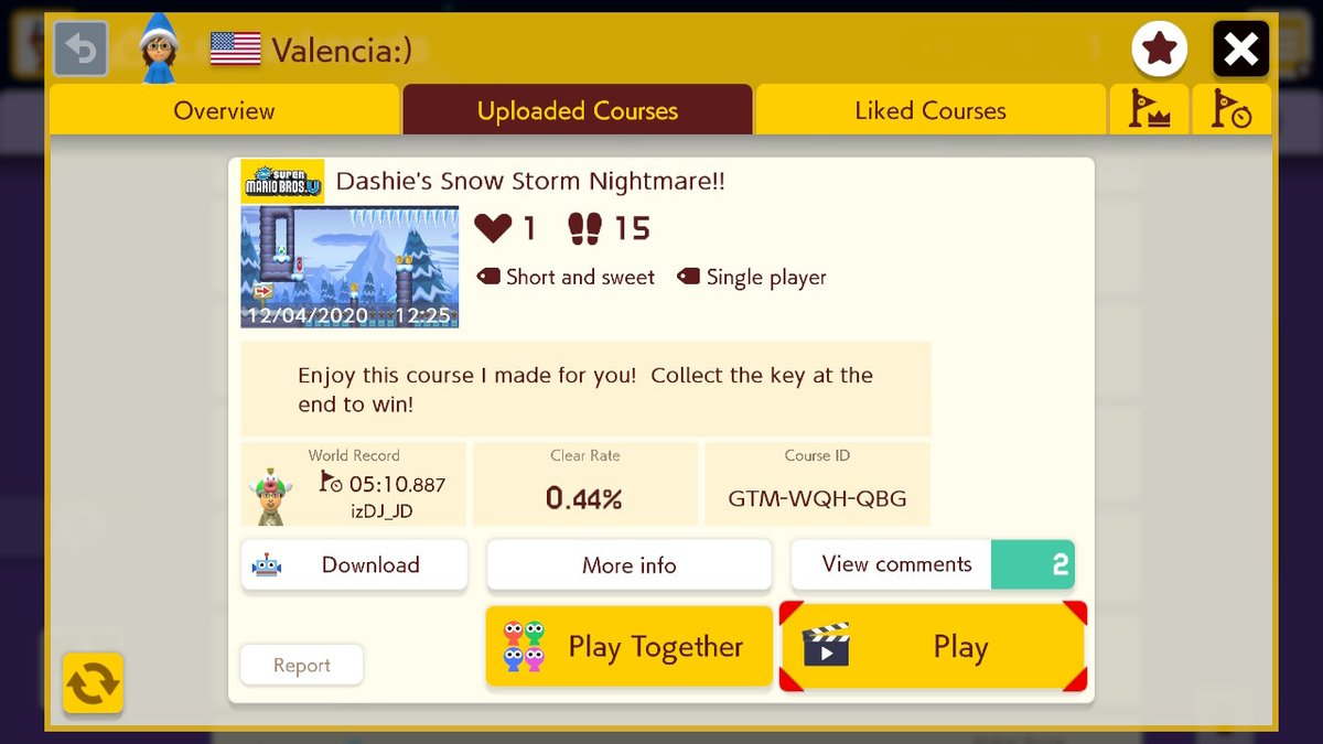 20Valencia02's tweet photo. Hi Dashie!  It's time you play my level, "Dashie's Snow Storm Nightmare!"
Code is: GTM-WQH-QBG
#dashiemaker2 #superdashiemaker2 #SuperMarioMaker2 @DashieXP https://t.co/JD75VdVspD