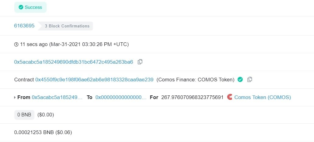 We just Buyback and Burned 268 COMOS
Buy: bscscan.com/tx/0x4930612b3…
Burn: bscscan.com/tx/0x4b952275f…
<a href="/ComosF/">Comos Finance</a> #YieldFarming #BinanceSmartChain #Bitcoin #BNB #DeFi #crypto #bitcoin #COMOS